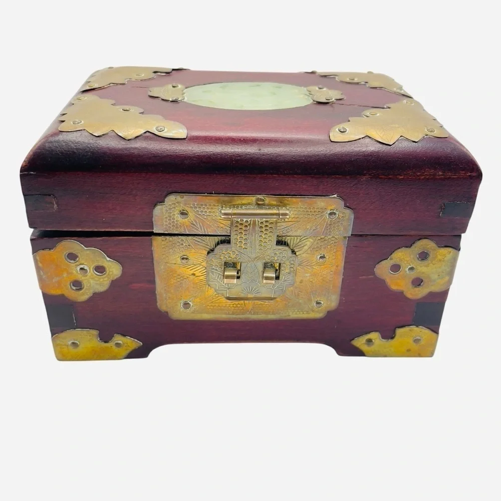 Vintage Wood & Brass Shanghai Chinese Jade Inlay Jewelry Box 5.25